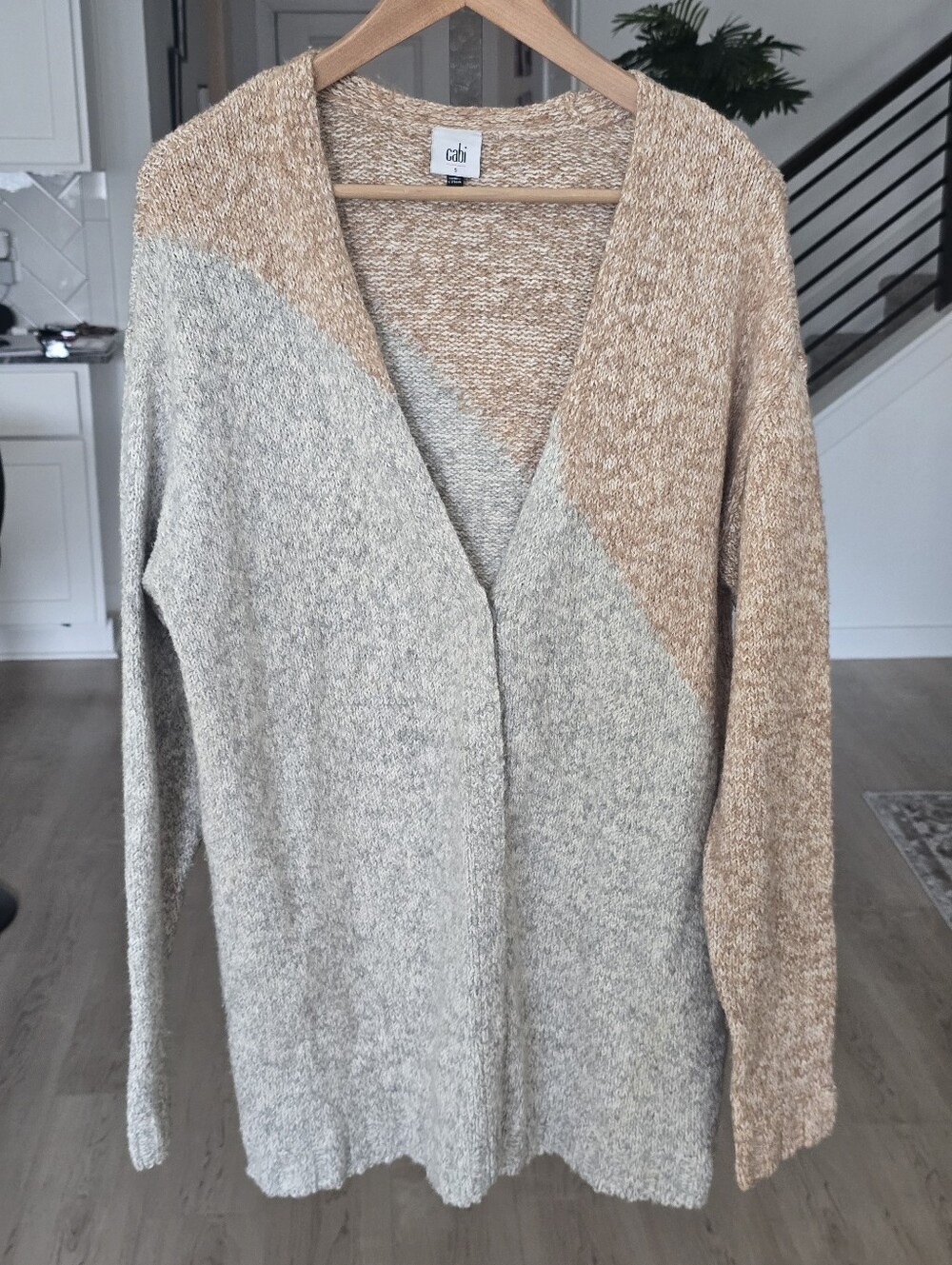 CAbi Open Front Marled Colorblock Cardigan Sweater Women's Small Beige Gray Knit - Picture 2 of 8